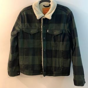 Sherpa Lined Denim Icon Jacket. Buffalo Plaid . Size (M)